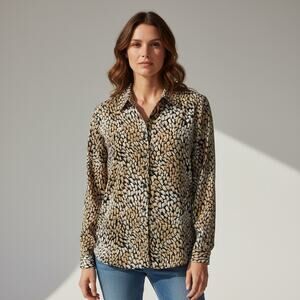 Liz Baker Women's 12 Black & Brown Brushstroke Satin Button Up Blouse Career